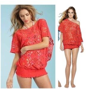 Trina Turk Kuta Crochet Papaya Caftan Swim Cover Up Size L EUC